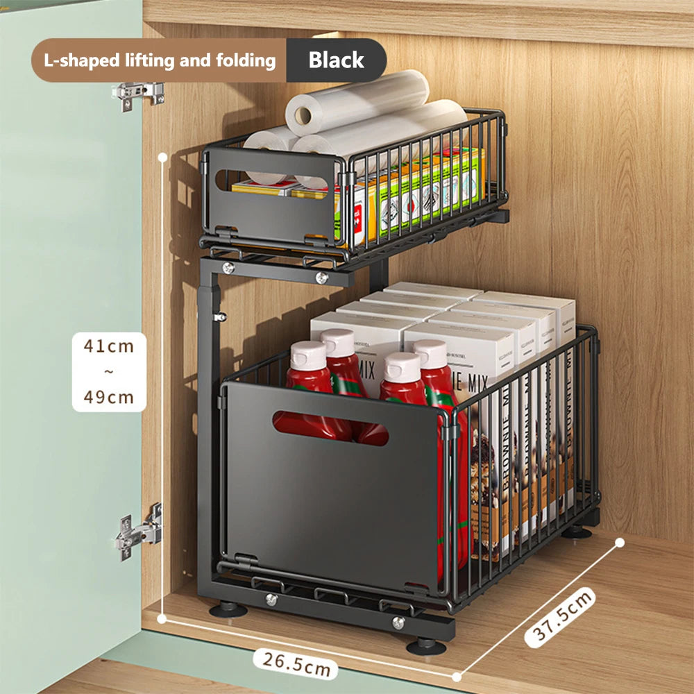 2 Tier Pull-Out Under Sink Organizer – Adjustable Kitchen Cabinet Storage Drawer