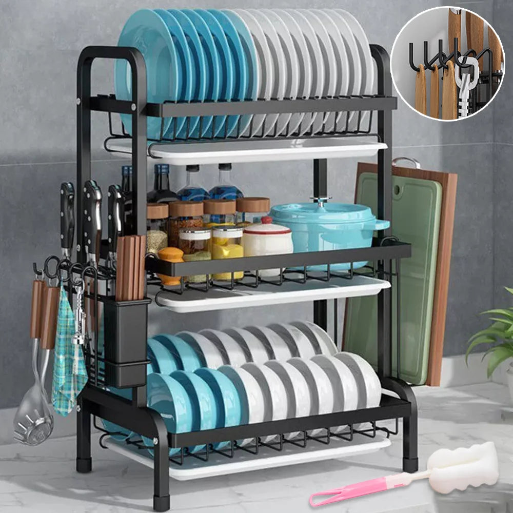 2-Tier Over Sink Dish Drainer Rack with Utensil Holder – Large Capacity Metal Kitchen Drying Organizer with Drainage Tray (Black)