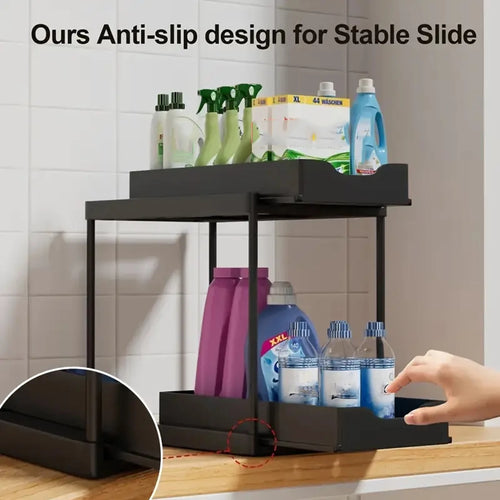 2-Tier Pull-Out Under Sink Storage Rack – Sliding Kitchen & Bathroom Organizer with Hooks (Space-Saving Drawer Shelf)