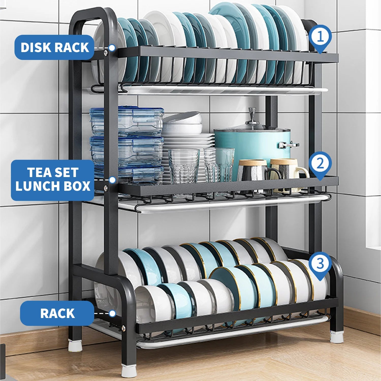 2-Tier Over Sink Dish Drainer Rack with Utensil Holder – Large Capacity Metal Kitchen Drying Organizer with Drainage Tray (Black)