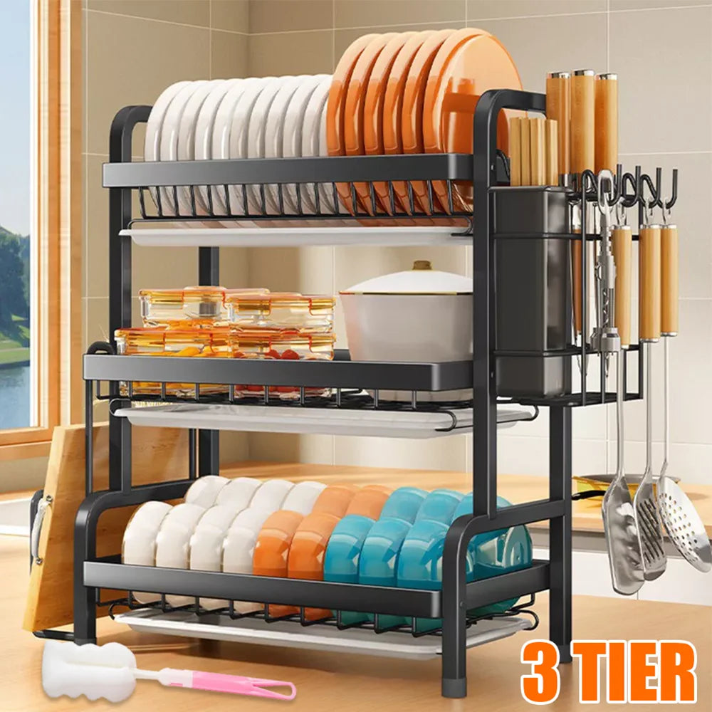 2-Tier Over Sink Dish Drainer Rack with Utensil Holder – Large Capacity Metal Kitchen Drying Organizer with Drainage Tray (Black)