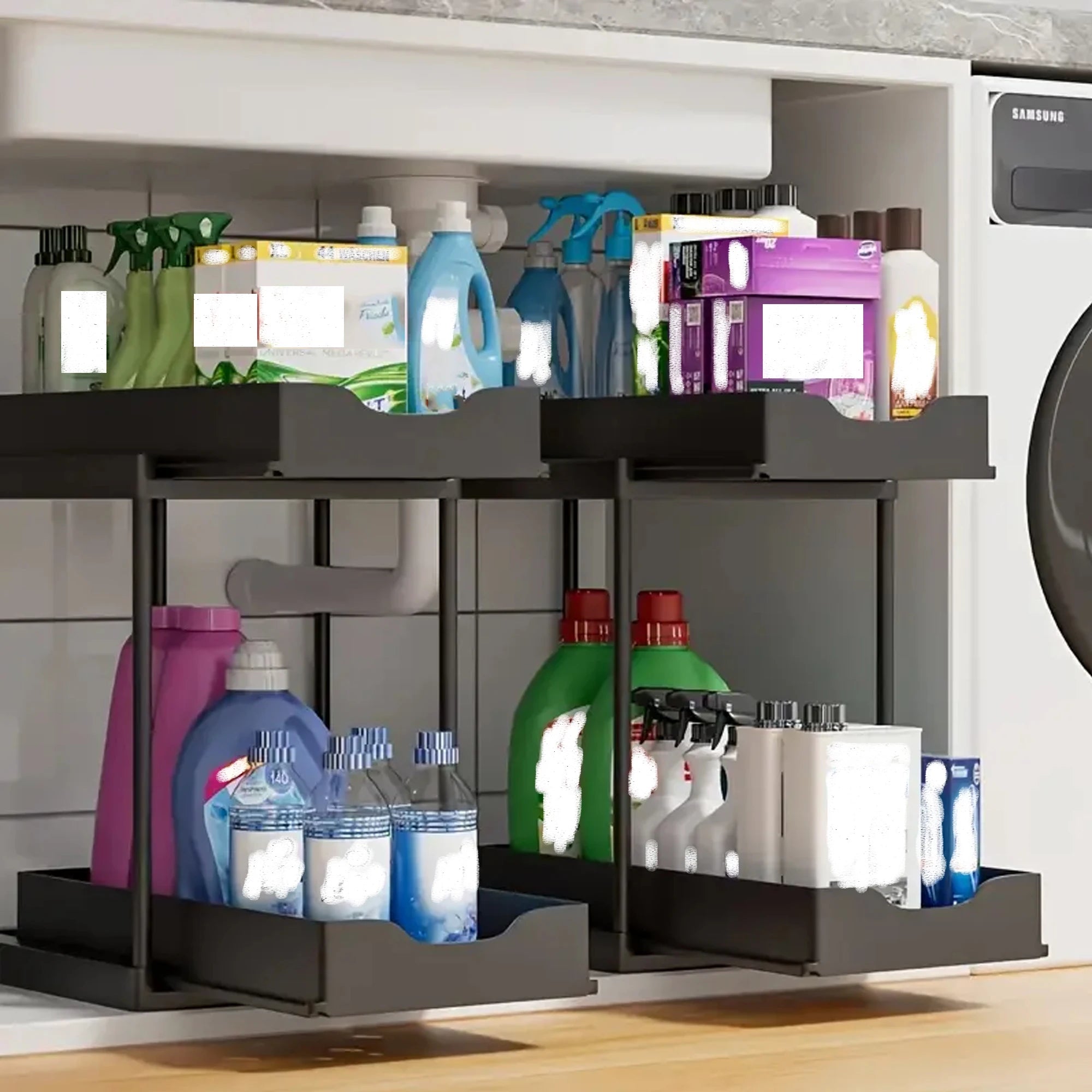 2-Tier Pull-Out Under Sink Storage Rack – Sliding Kitchen & Bathroom Organizer with Hooks (Space-Saving Drawer Shelf)