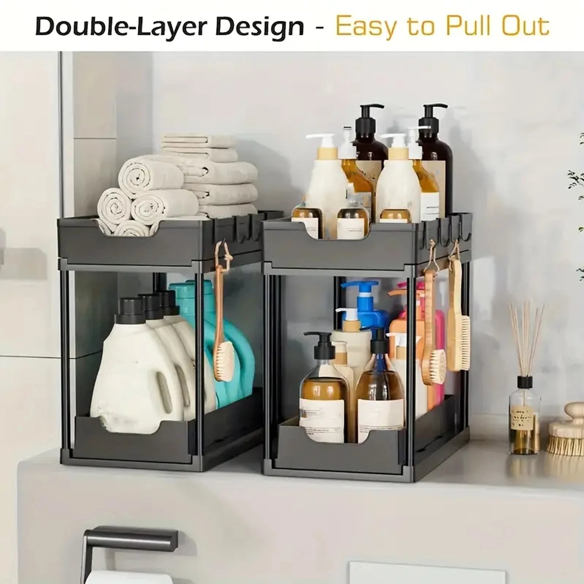 2-Tier Pull-Out Under Sink Storage Rack – Sliding Kitchen & Bathroom Organizer with Hooks (Space-Saving Drawer Shelf)